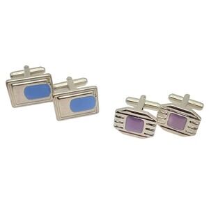 Blue & Purple Enamel Cufflinks Silver Tone Ribbed Suit Accessory Pair Deco Style